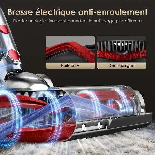 Aspirateur Balai Sans Fil 80kpa 70 Min D’autonomie, Écran Tactile, 3 Modes Réglables, Lumière Verte