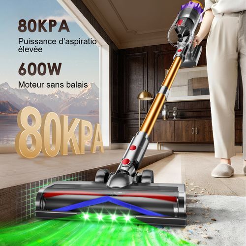 Aspirateur Balai Sans Fil 80kpa 70 Min D’autonomie, Écran Tactile, 3 Modes Réglables, Lumière Verte