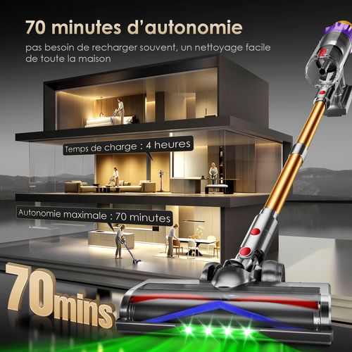 Aspirateur Balai Sans Fil 80kpa 70 Min D’autonomie, Écran Tactile, 3 Modes Réglables, Lumière Verte
