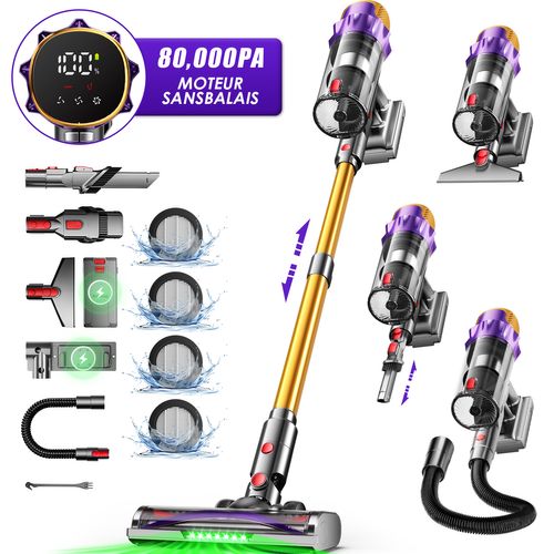 Aspirateur Balai Sans Fil 80kpa 70 Min D’autonomie, Écran Tactile, 3 Modes Réglables, Lumière Verte
