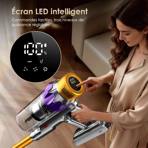 Aspirateur Balai Sans Fil 80kpa 70 Min D’autonomie, Écran Tactile, 3 Modes Réglables, Lumière Verte