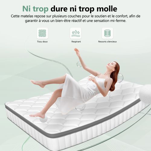 Matelas Ressorts 90x190 cm - 7 Zones - Epaisseur 25 cm Avec Drap Housse, Confortable Et Respirant