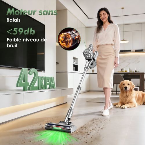 Aspirateur Balai Auto-portant Puissant Sans Fil 40kpa/1.6l/60 Min Max D'autonomie, Lumière Verte