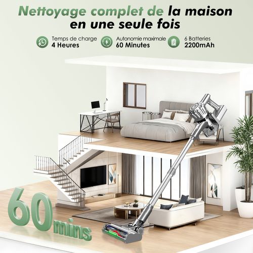 Aspirateur Balai Auto-portant Puissant Sans Fil 40kpa/1.6l/60 Min Max D'autonomie, Lumière Verte