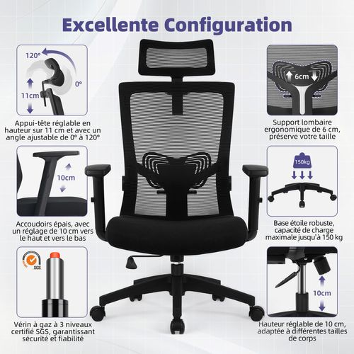 Fauteuil De Bureau Ergonomique Chaise De Bureau, Support Lombaire Réglable, Appui-tête Et Accoudoirs