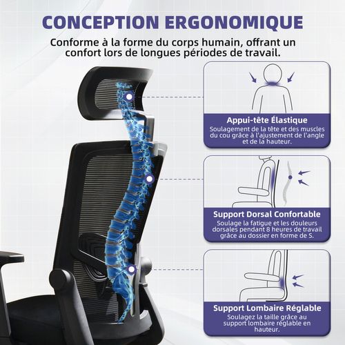 Fauteuil De Bureau Ergonomique Chaise De Bureau, Support Lombaire Réglable, Appui-tête Et Accoudoirs