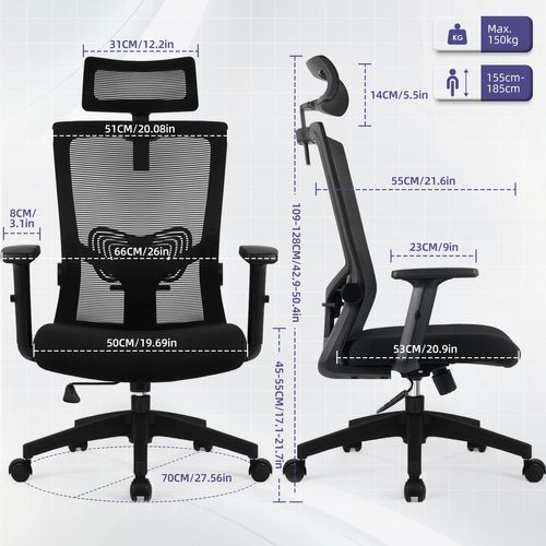 Fauteuil De Bureau Ergonomique Chaise De Bureau, Support Lombaire Réglable, Appui-tête Et Accoudoirs