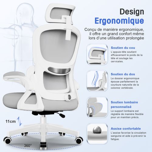 Chaise De Bureau Ergonomique,fauteuil De Bureau , Inclinable Pivotant, Support Lombaire, Appui-tête