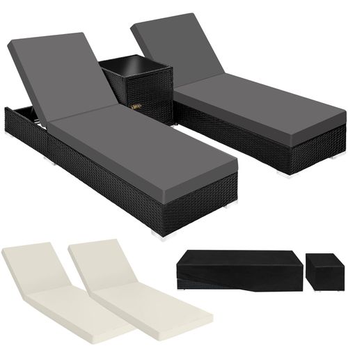 Lot 2 Chaises Longues Rotin Aluminium Noir Dossier Réglable 5 Positions Table Rangement 184x60cm