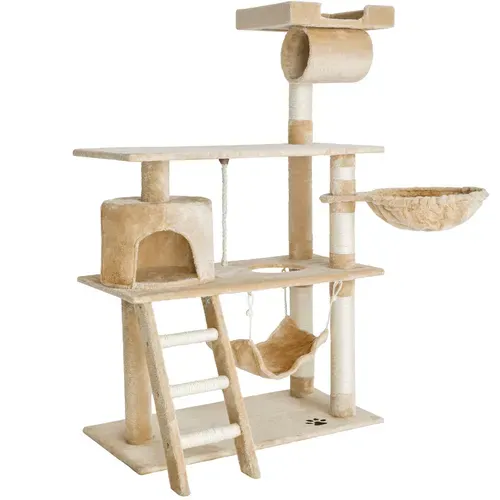 Arbre À Chat Beige Multifonction 141 Cm Sisal Peluche Polyester Nombreuses Cachettes