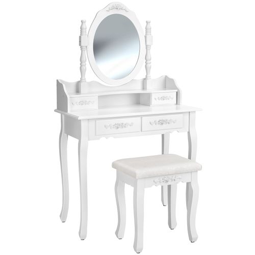 Coiffeuse Avec Miroir 4 Tiroirs Et Tabouret Inclus
