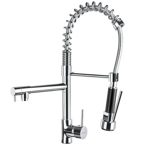 Robinet De Cuisine Avec Douchette Intégrée Et Bec Déporté En Laiton Gris