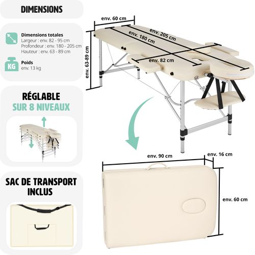 Table De Massage Portable Pliante 2 Zones En Aluminium, Cuir Synthétique Beige