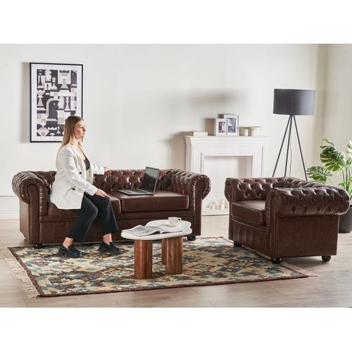 Fauteuil Cuir Pu Marron Doré Chesterfield