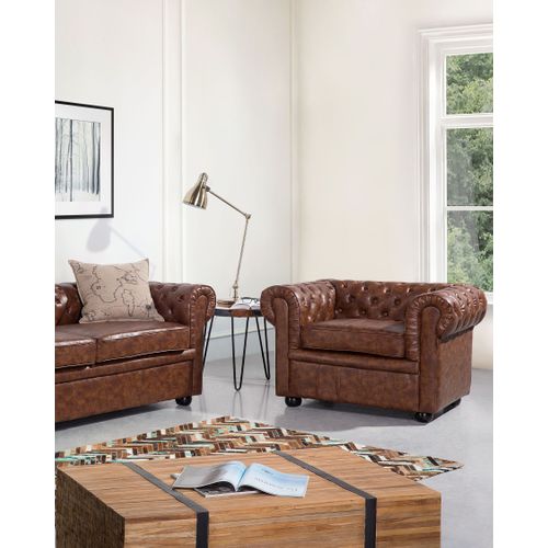 Fauteuil Cuir Pu Marron Doré Chesterfield