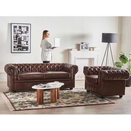 Fauteuil Cuir Pu Marron Doré Chesterfield