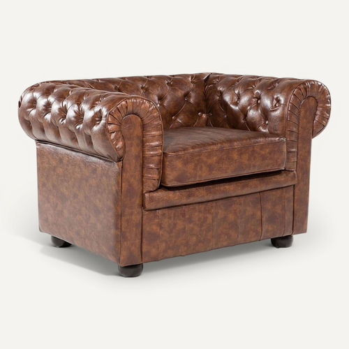 Fauteuil Cuir Pu Marron Doré Chesterfield