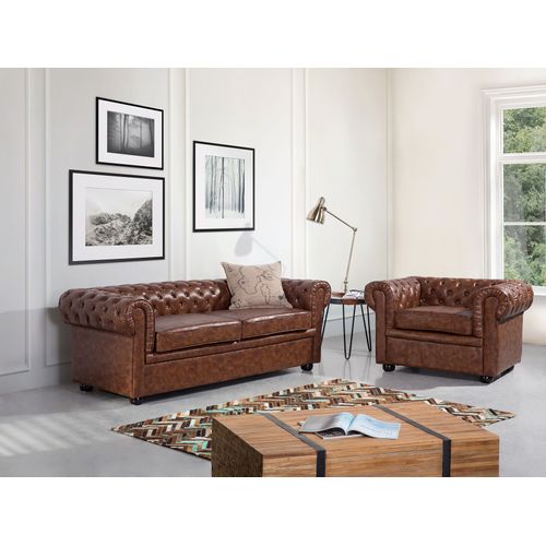 Canapé 3 Places En Cuir Pu Marron Doré Chesterfield