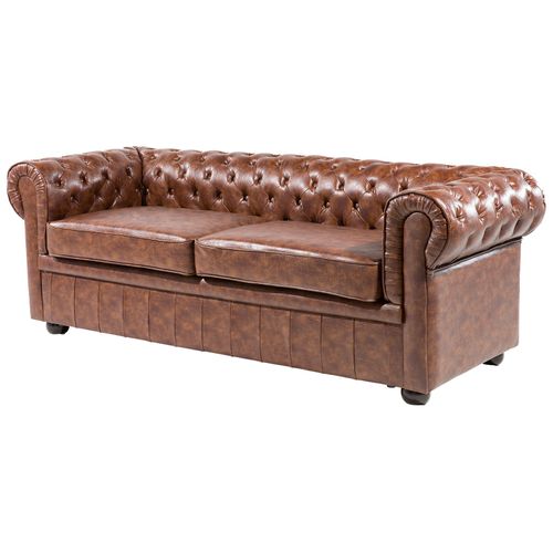 Canapé 3 Places En Cuir Pu Marron Doré Chesterfield