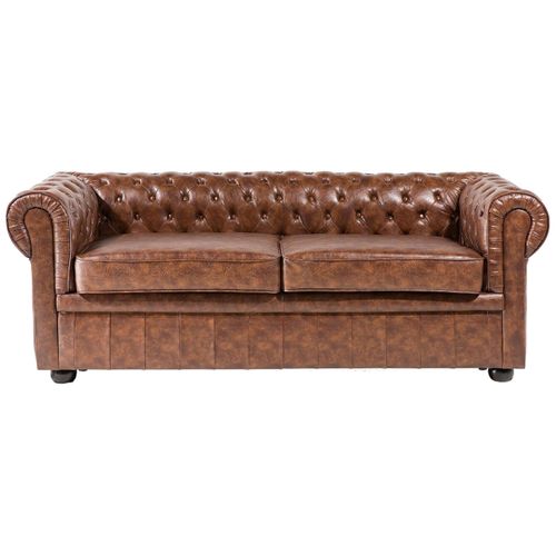 Canapé 3 Places En Cuir Pu Marron Doré Chesterfield