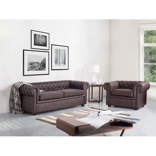 Canapé 3 Places En Cuir Marron Chesterfield