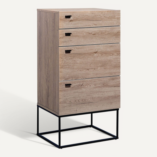 Commode Effet Bois Clair / Noir 4 Tiroirs Acra