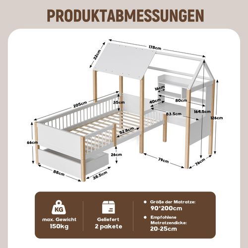 Lit d'enfants simple en bois de pin naturel sommier à lattes + matelas