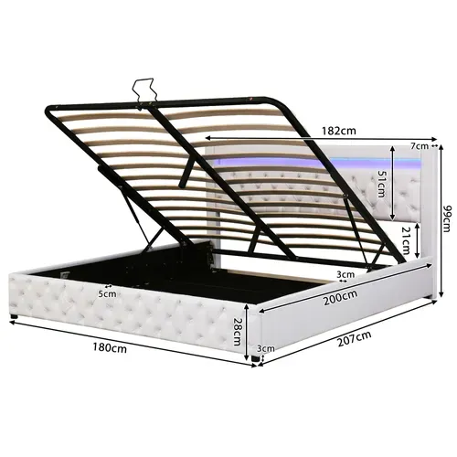 Lit Coffre Lit Double Rembourré 180x200 Cm Avec LED Et Sommier à Lattes, Pu, Blanc