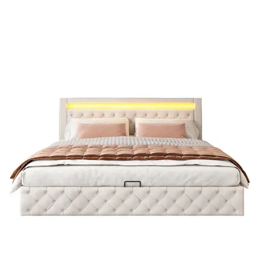 Lit Coffre Lit Double Rembourré 180x200 Cm Avec LED Et Sommier à Lattes, Pu, Blanc