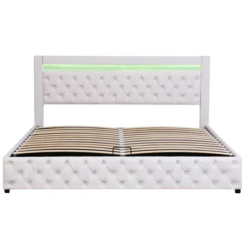 Lit Coffre Lit Double Rembourré 180x200 Cm Avec LED Et Sommier à Lattes, Pu, Blanc