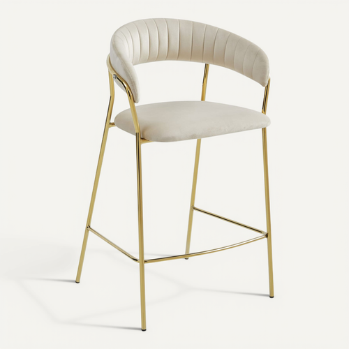 Tabouret De Bar  Badia Siège Beige, Base En Doré, Siège Ergonomique, Siège Rembourré En Velours
