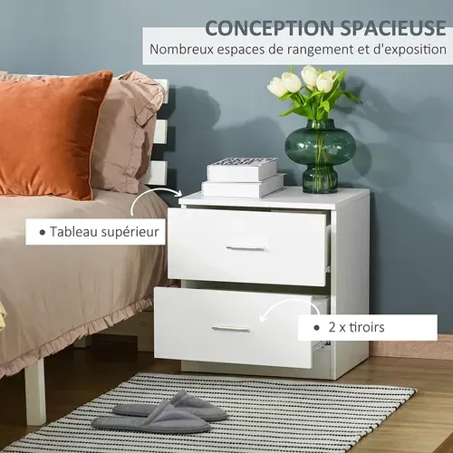 Table De Chevet Avec 2 Tiroirs Poignée En Alliage D'aluminium Style Contemporain ,blanc