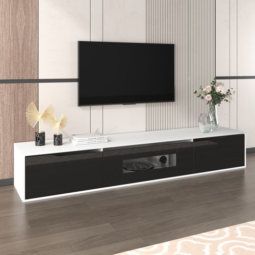 Meuble TV Bas 180x35x30 Cm Avec éclairage LED - 3 Compartiments, Finition Brillante, Design Moderne, Montage Sol Ou Mur