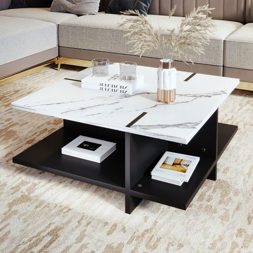 Table Basse Design En Verre Trempé Et MDF - Plateau Multicouche Avec Finition Bois - Plusieurs Coloris Disponibles