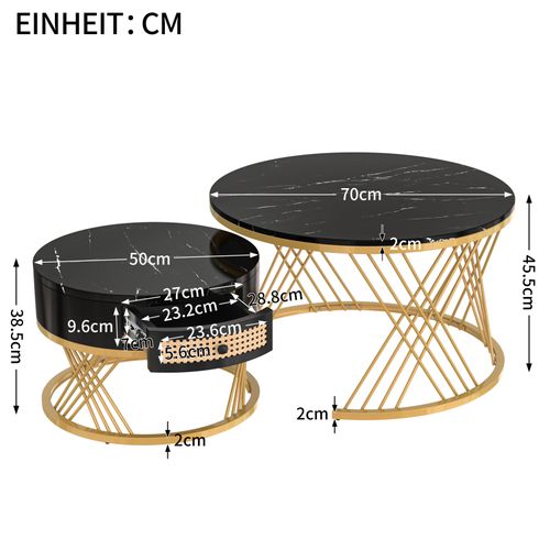 Lot De 2 Table Basse Gigogne Ronde, Table D'appoint Avec Plateau En Marbre Et Tiroirs En Rotin, Noir