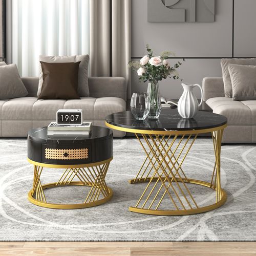 Lot De 2 Table Basse Gigogne Ronde, Table D'appoint Avec Plateau En Marbre Et Tiroirs En Rotin, Noir