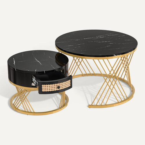 Lot De 2 Table Basse Gigogne Ronde, Table D'appoint Avec Plateau En Marbre Et Tiroirs En Rotin, Noir