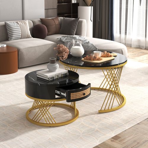 Lot De 2 Table Basse Gigogne Ronde, Table D'appoint Avec Plateau En Marbre Et Tiroirs En Rotin, Noir