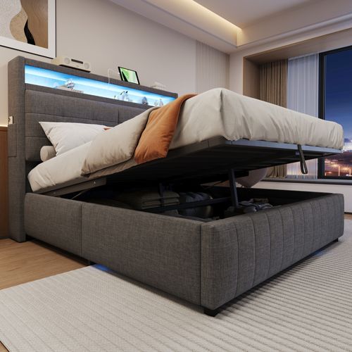 Lit Capitonné 160x200 Cm Avec Rangements Et éclairage LED - Sommier à Lattes, Tête De Lit USB, Effet Flottant - Tissu Lin, Gris Ou Beige