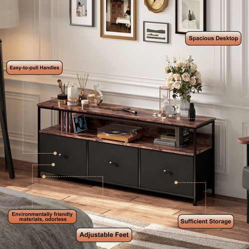 Meuble TV LED, 108 Cm, Avec Tiroirs Et Rangement En Tissu, Meuble TV Bas Rangement Pour Salon, Noir