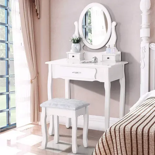 Coiffeuse Blanche Moderne Avec 3 Tiroirs Et Miroir Ovale 360° Avec Pouf Pour Chambre