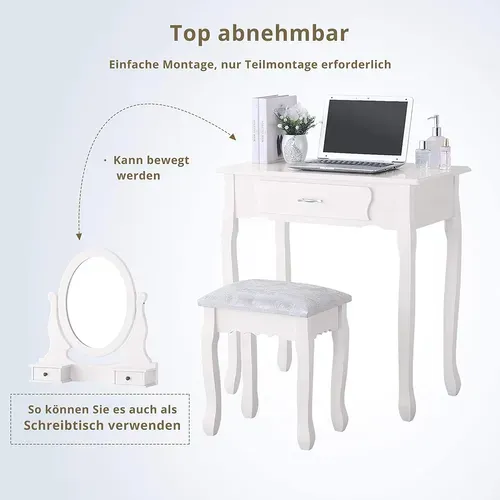 Coiffeuse Blanche Moderne Avec 3 Tiroirs Et Miroir Ovale 360° Avec Pouf Pour Chambre