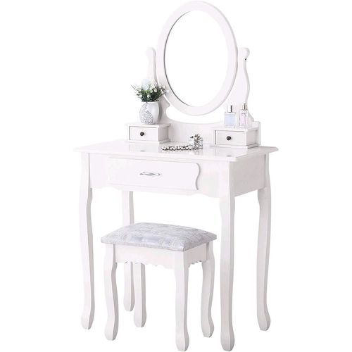 Coiffeuse Blanche Moderne Avec 3 Tiroirs Et Miroir Ovale 360° Avec Pouf Pour Chambre