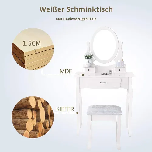 Coiffeuse Blanche Moderne Avec 3 Tiroirs Et Miroir Ovale 360° Avec Pouf Pour Chambre