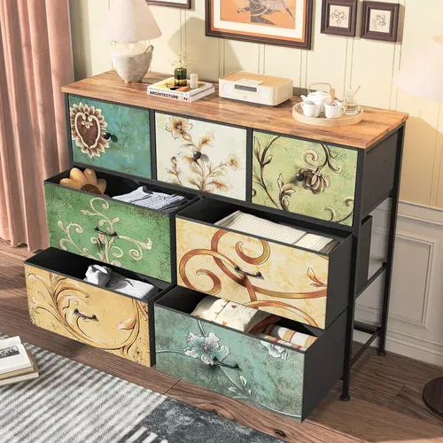 Commode Vintage, Structure En Métal, Plateau En Mdf - 100 X 78 X 30 Cm - Avec 7 Tiroirs