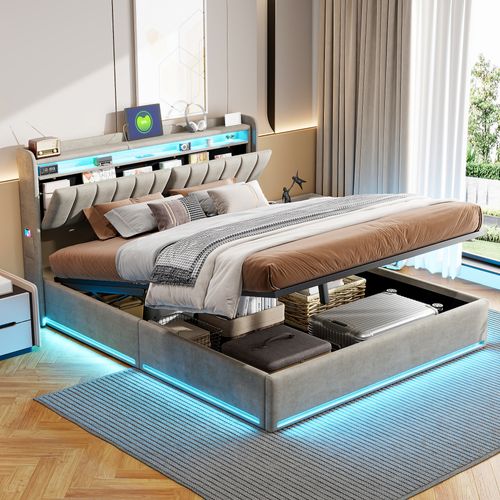 Lit Coffre 140x200 Cm, Lit Adulte Avec Prise USB Et LED, Tête De Lit Avec Rangement - Lin Gris Sans Matelas Lit Coffre 140x200 Cm, Lit Adulte Avec Prise USB Et LED, Tête De Lit Avec Rangement - Lin Gris Sans Matelas