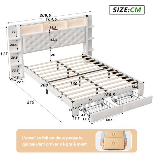 Lit 160x200 Avec Sommier Et Matelas - Tête De Lit Recharge Sans Fil USB C Rangement Sous Lit Linen Naturel 97532487