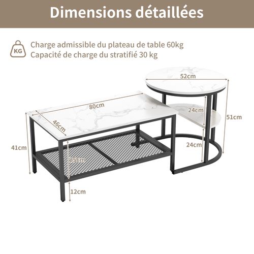 Ensemble De Deux Tables Basses Gigognes Avec Imprimé Marbre Blanc Et Cadre En Métal Noir