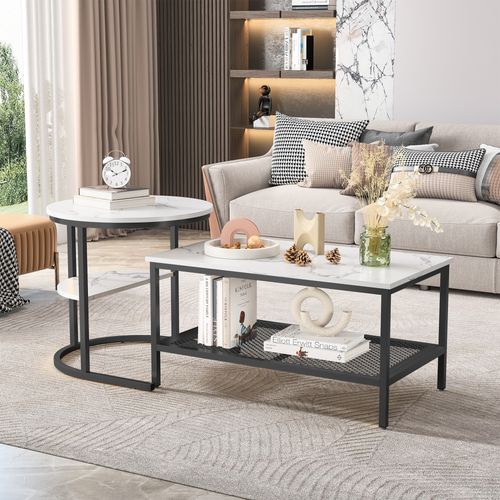 Ensemble De Deux Tables Basses Gigognes Avec Imprimé Marbre Blanc Et Cadre En Métal Noir