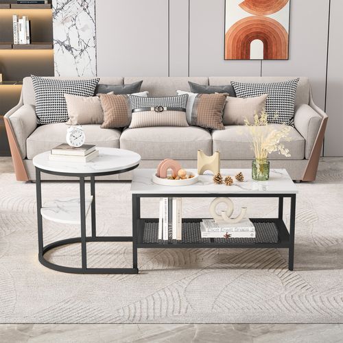 Ensemble De Deux Tables Basses Gigognes Avec Imprimé Marbre Blanc Et Cadre En Métal Noir